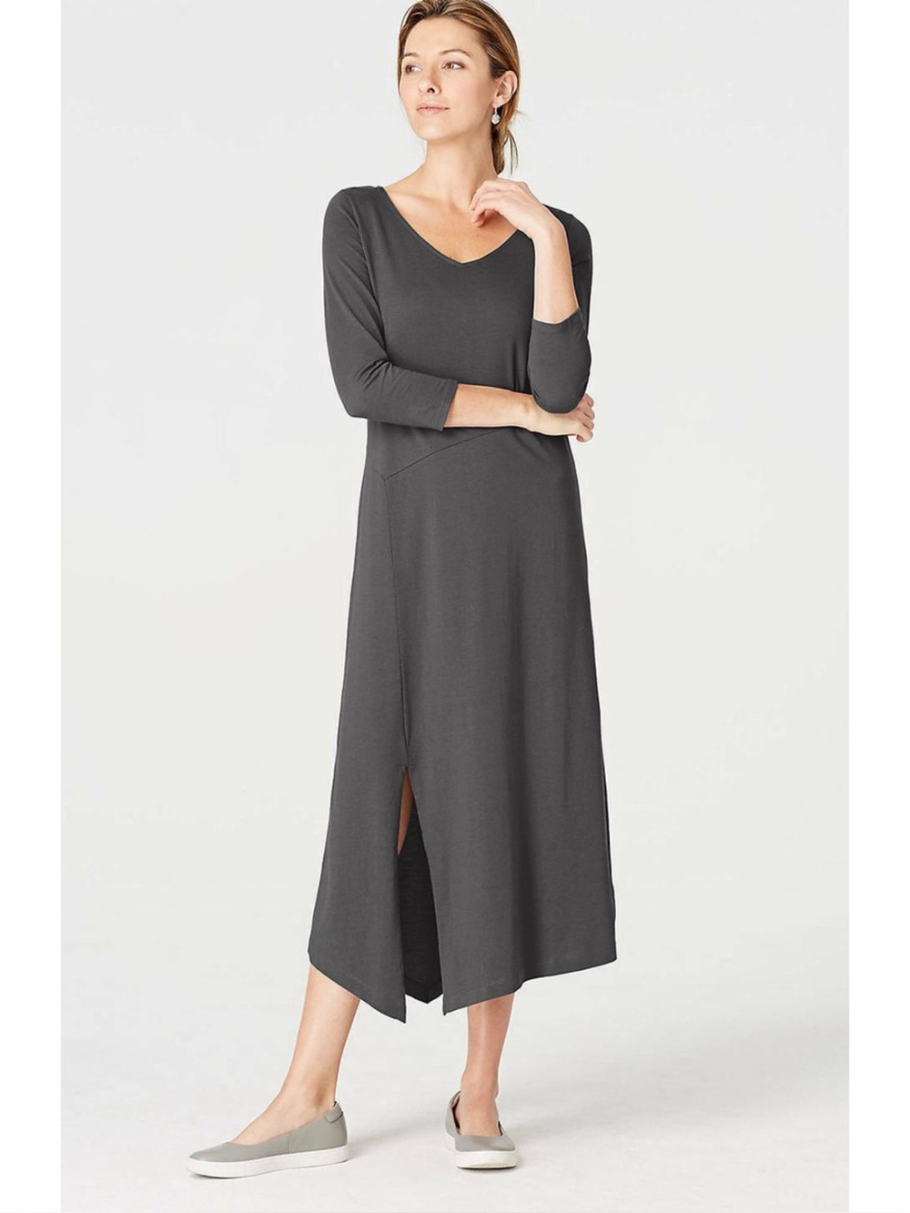 J. Jill Gray V-Neck Midi Dress XS Minimalist Casual 3/4 Sleeve Split Front